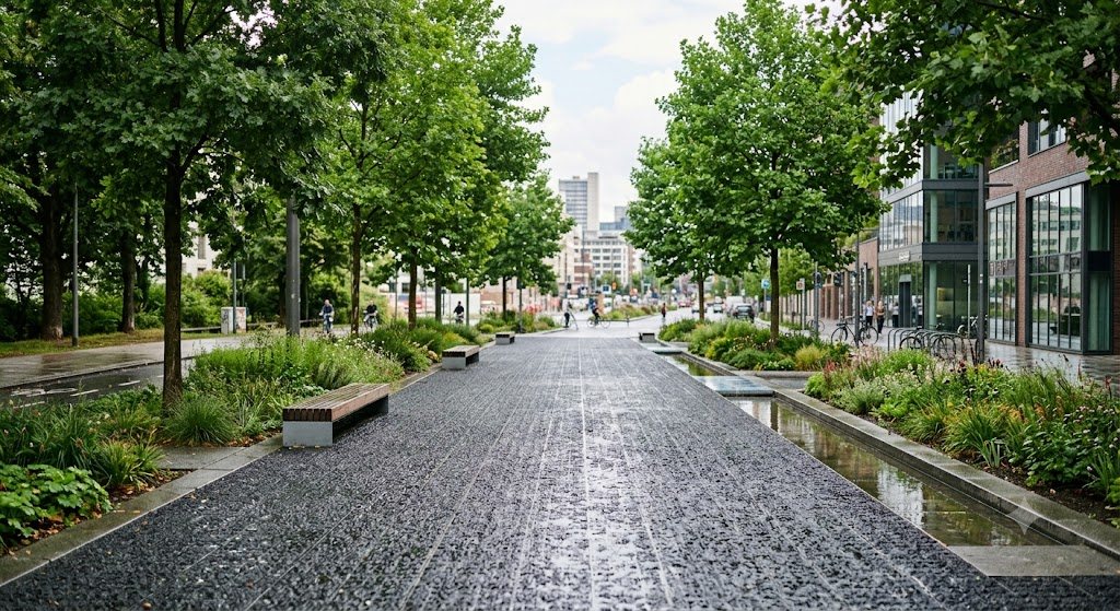 Wasserdurchlässige Verkehrsfläche in der Stadt