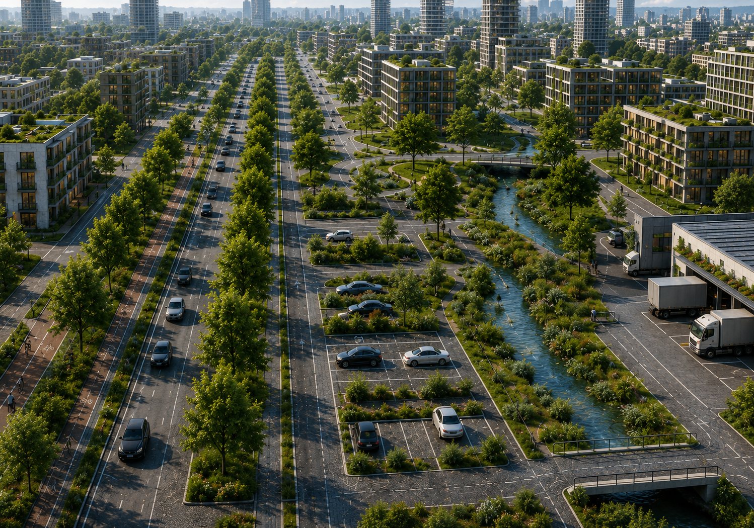 IQS Concept im urbanen Raum: Wohngebiete, Radwege, Parkplätze, Logistik und Grünflächen
